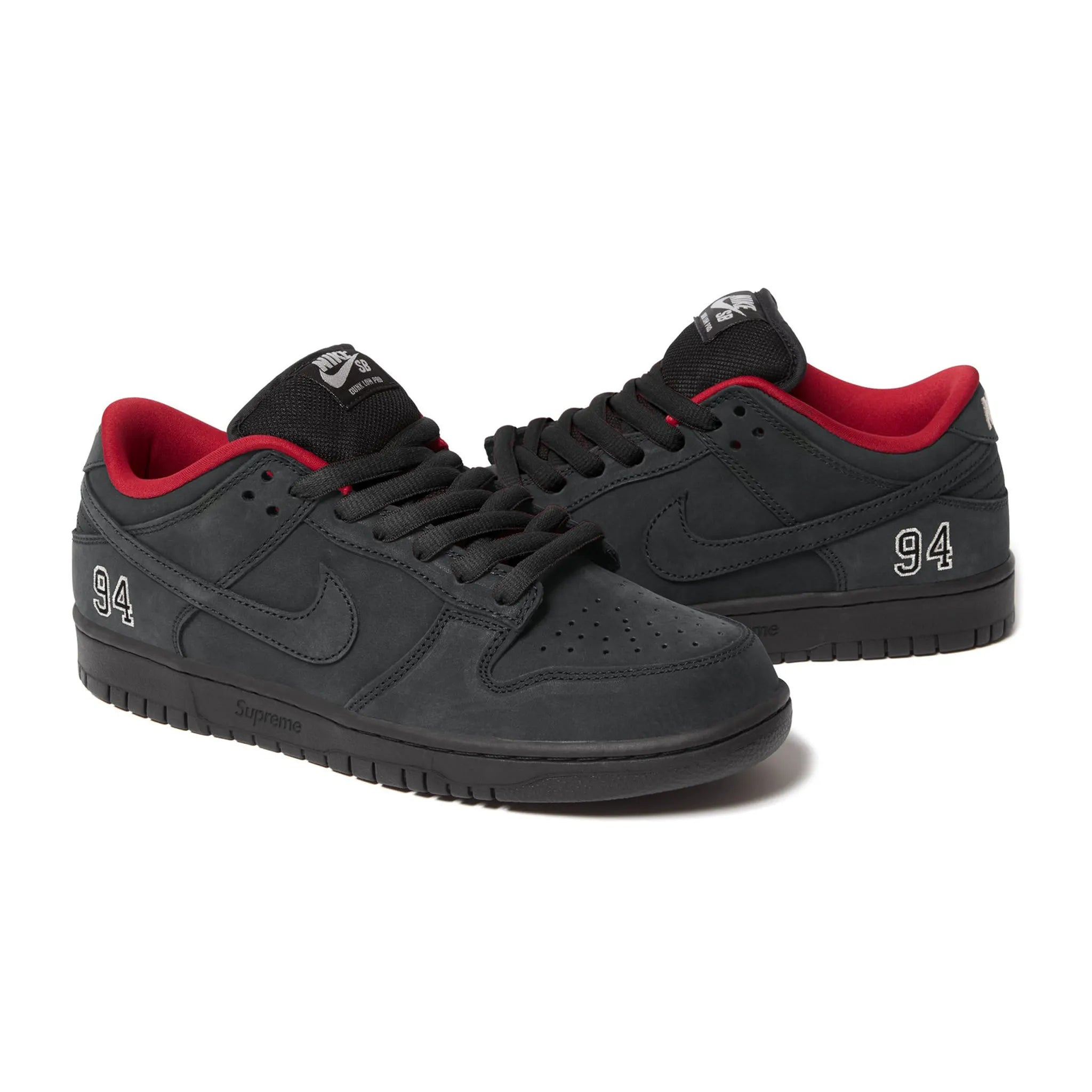 Front Side View of Supreme x Nike SB Dunk Low Black HQ8487-001